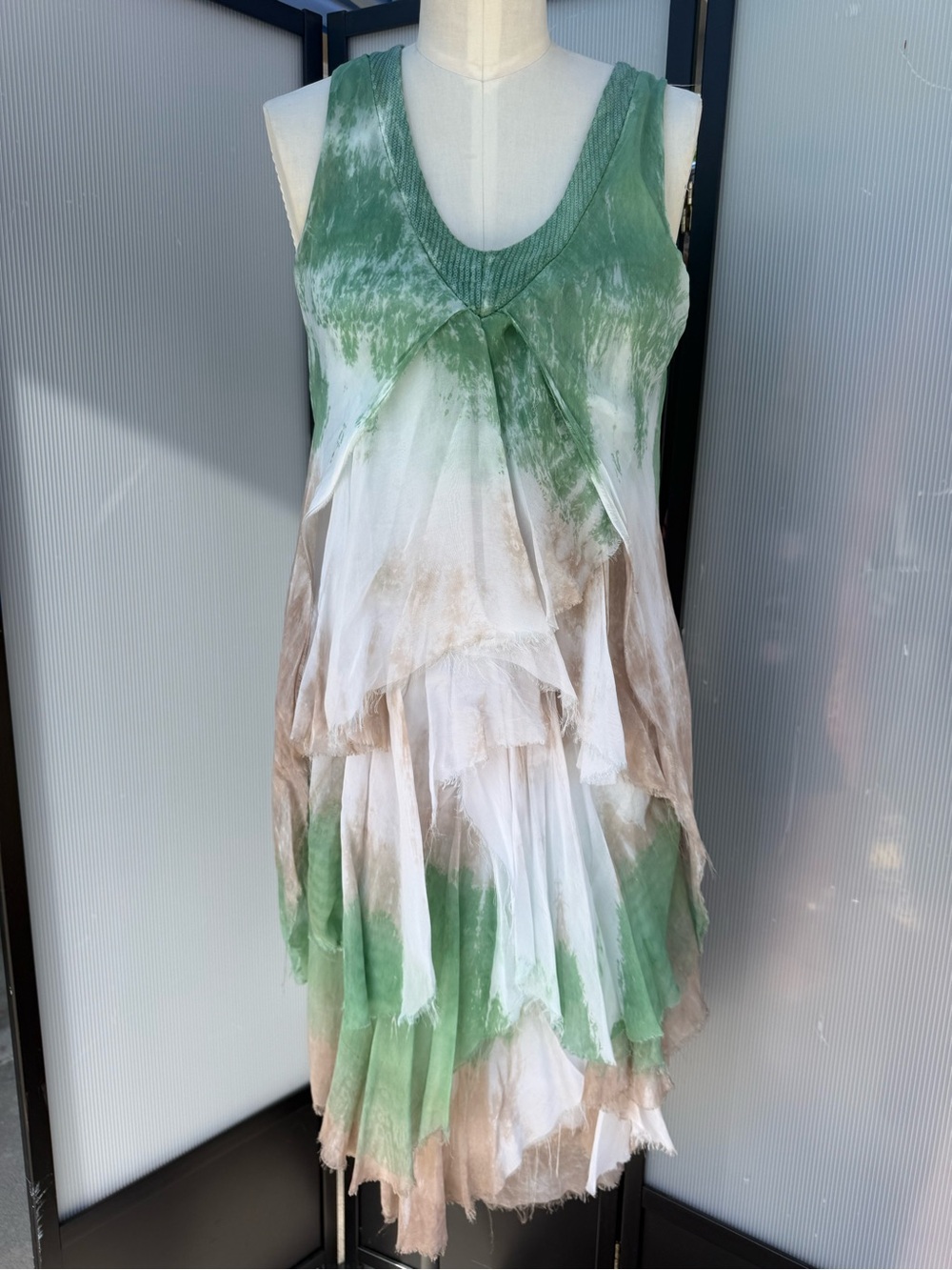 silk Sleeveless Green, White & Tan Layered Tie-Dye Midi Dress